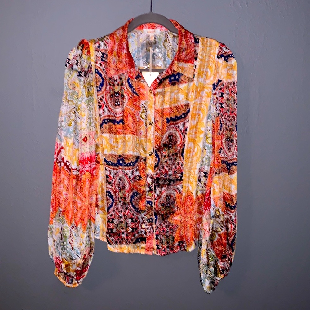 a.peach Beautiful 100%polyester printed blouse with golden bronze threads.